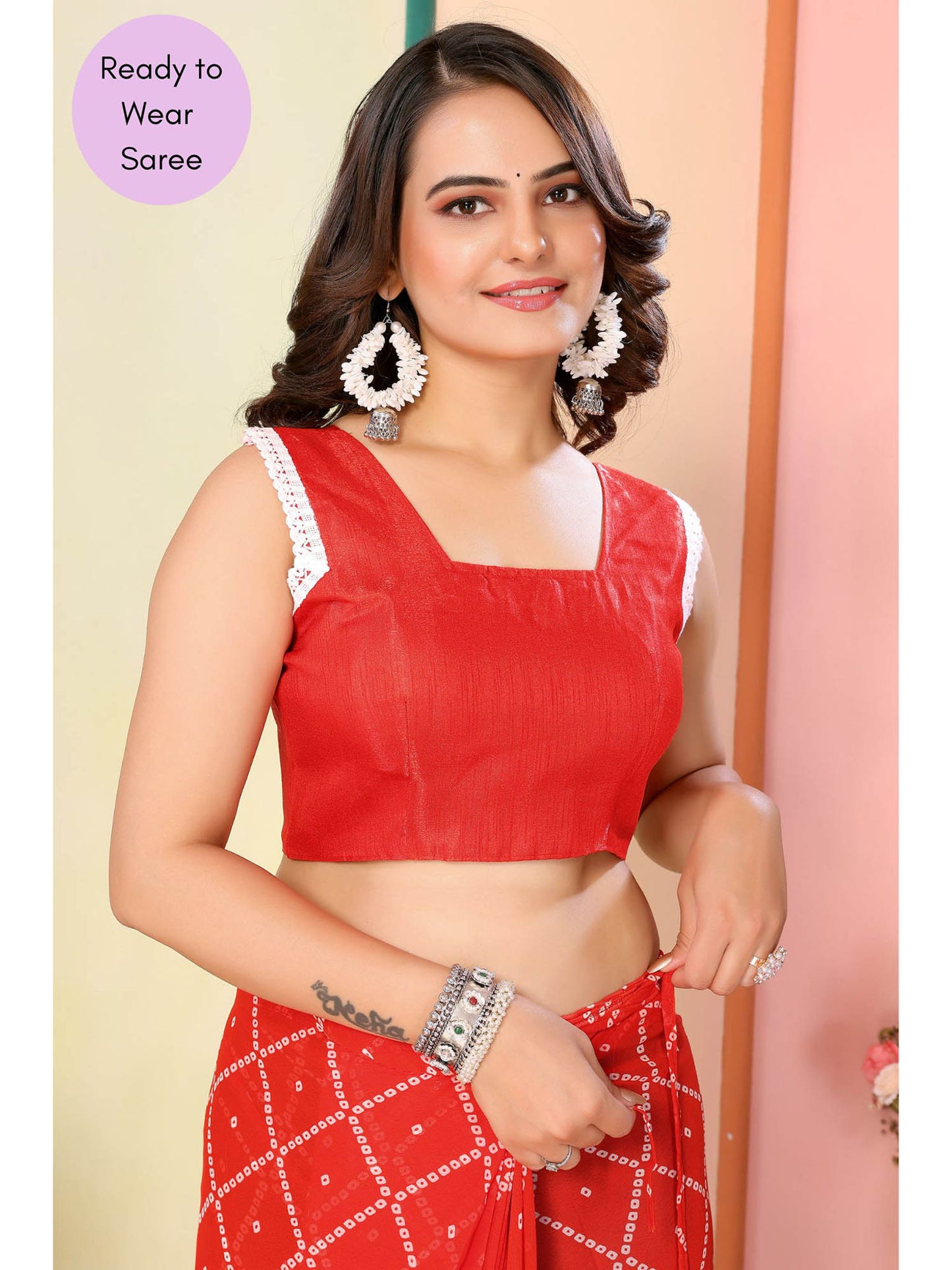 Orange Printed Ready-to-Wear Saree with white line 414