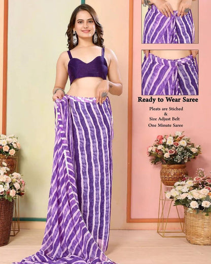 Purple with white lining Printed Ready-to-Wear Saree 324