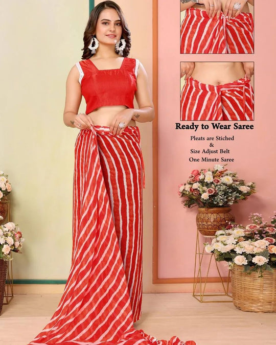 Red with white lining Printed Ready-to-Wear Saree 324