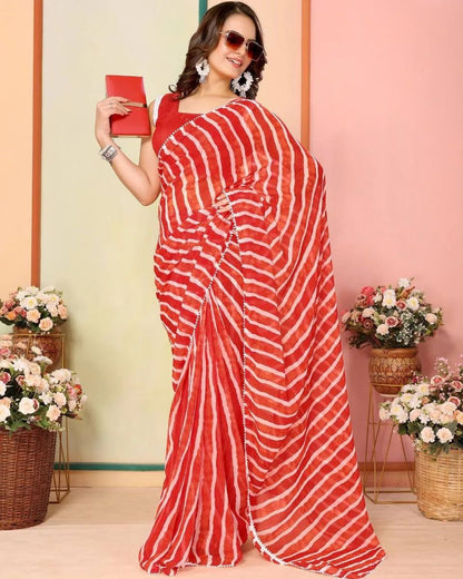 Red with white lining Printed Ready-to-Wear Saree 324