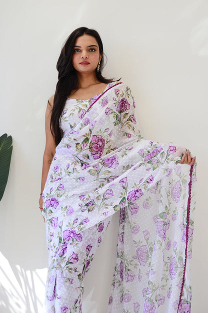 White Floral Printed Ready-to-Wear Saree  282-1
