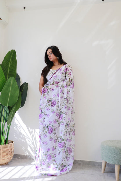 White Floral Printed Ready-to-Wear Saree  282-1