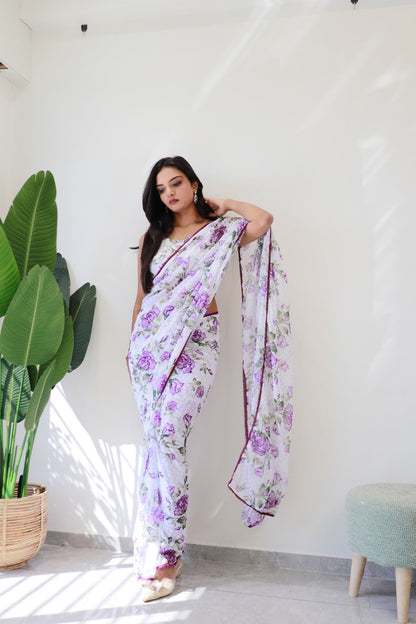 White Floral Printed Ready-to-Wear Saree  282-1