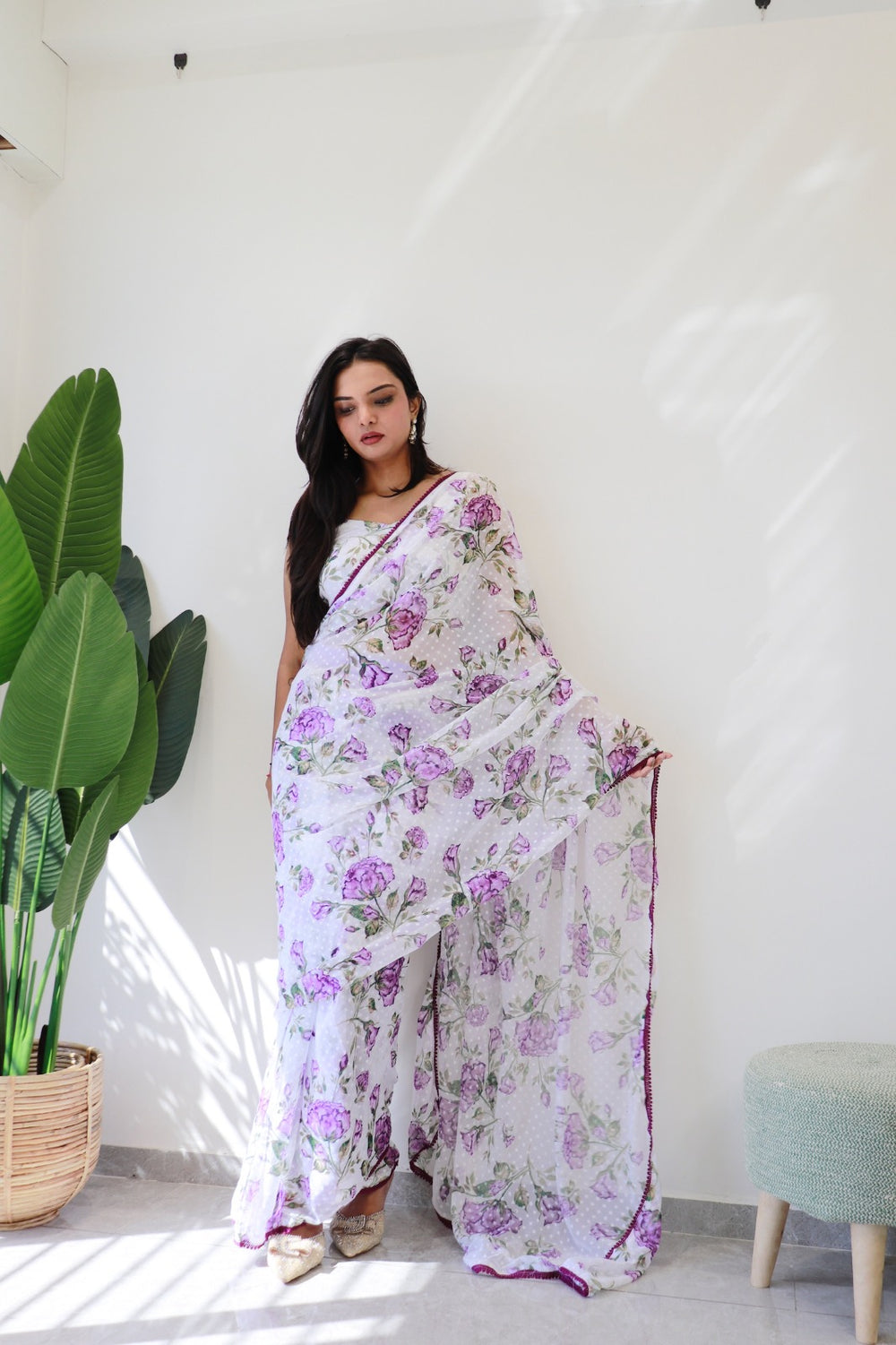 White Floral Printed Ready-to-Wear Saree  282-1