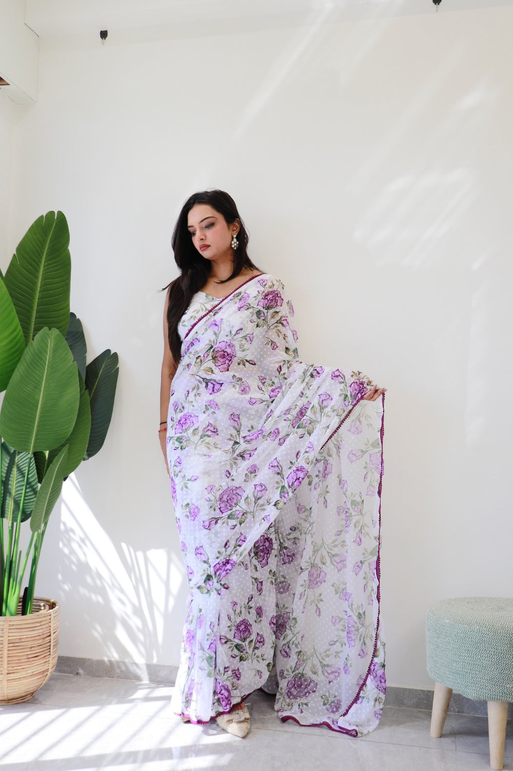 White Floral Printed Ready-to-Wear Saree  282-1