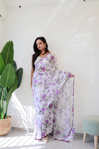 White Floral Printed Ready-to-Wear Saree  282-1