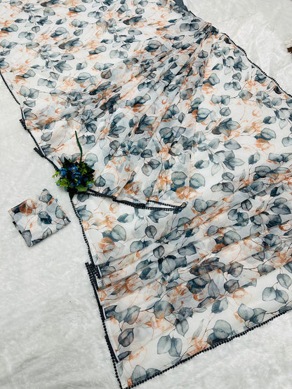 White floral Printed Ready-to-Wear Saree 157