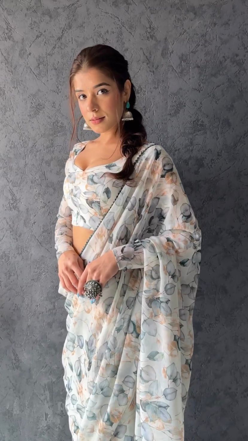 White floral Printed Ready-to-Wear Saree 157