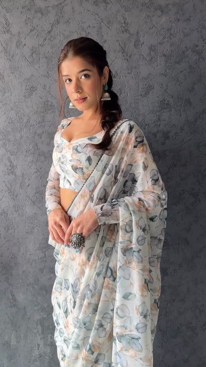 White floral Printed Ready-to-Wear Saree 157