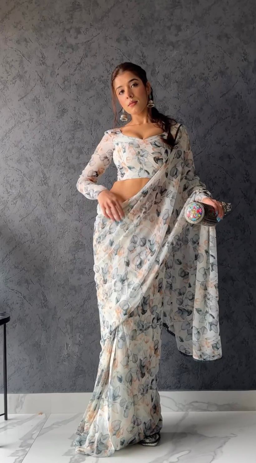 White floral Printed Ready-to-Wear Saree 157
