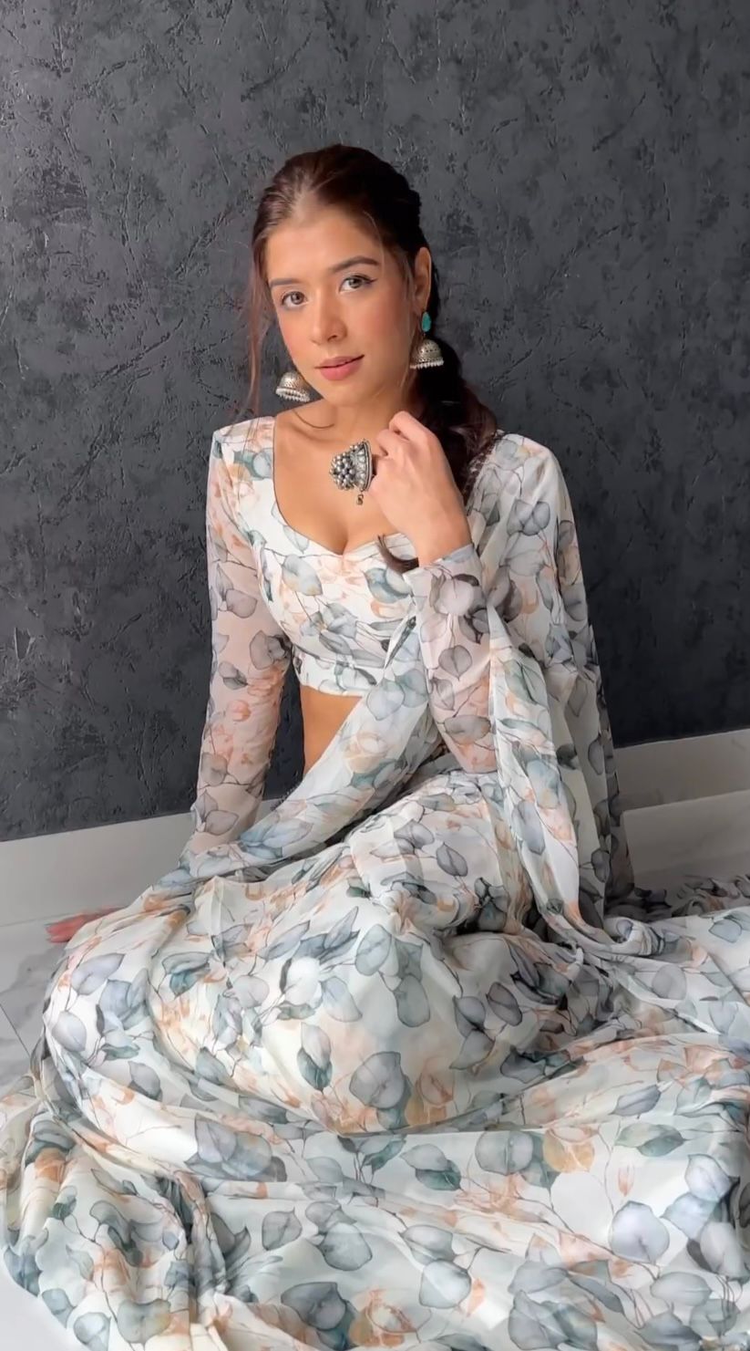 White floral Printed Ready-to-Wear Saree 157