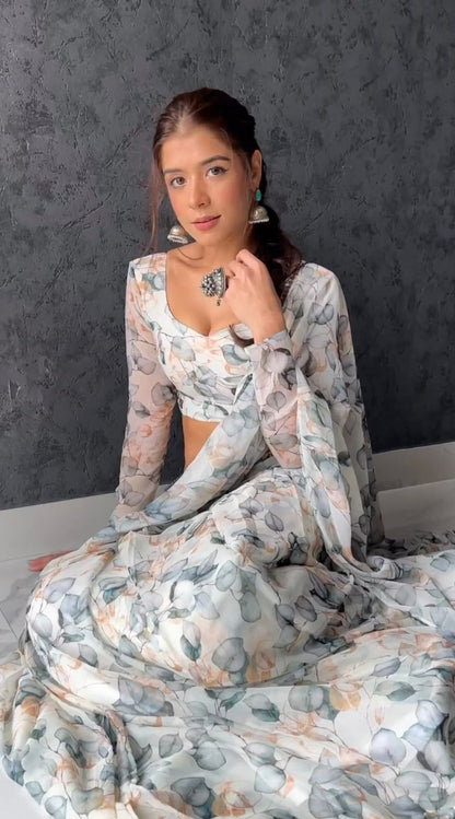 White floral Printed Ready-to-Wear Saree 157
