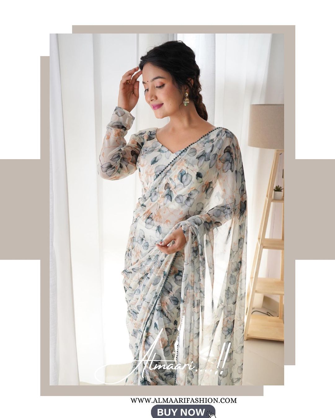 White floral Printed Ready-to-Wear Saree 157