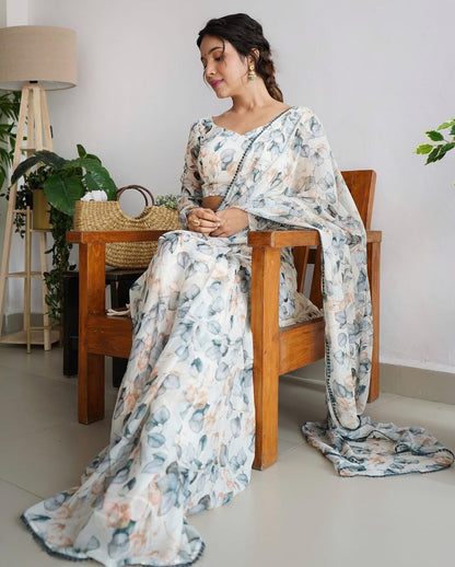 White floral Printed Ready-to-Wear Saree 157