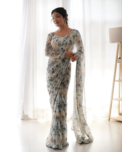 White floral Printed Ready-to-Wear Saree 157