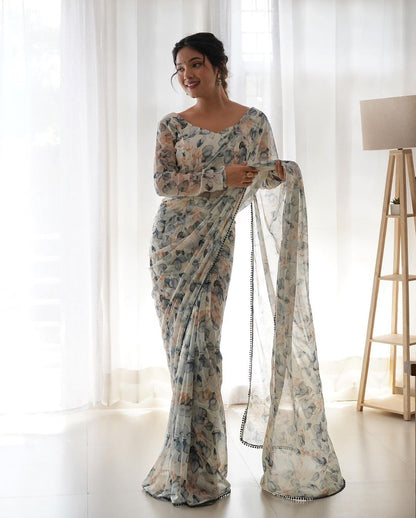 White floral Printed Ready-to-Wear Saree 157