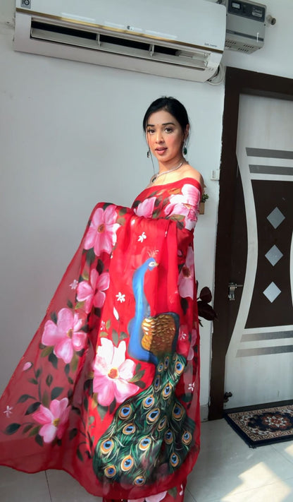 Red floral Printed Ready-to-Wear Saree 227