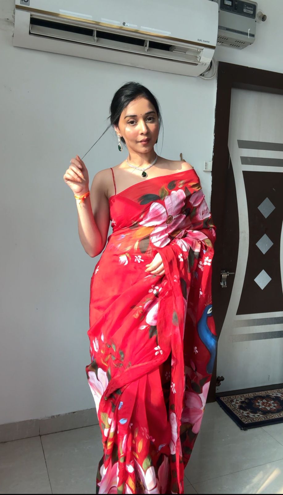 Red floral Printed Ready-to-Wear Saree 227