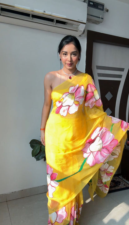 Yellow floral Printed Ready-to-Wear Saree 228