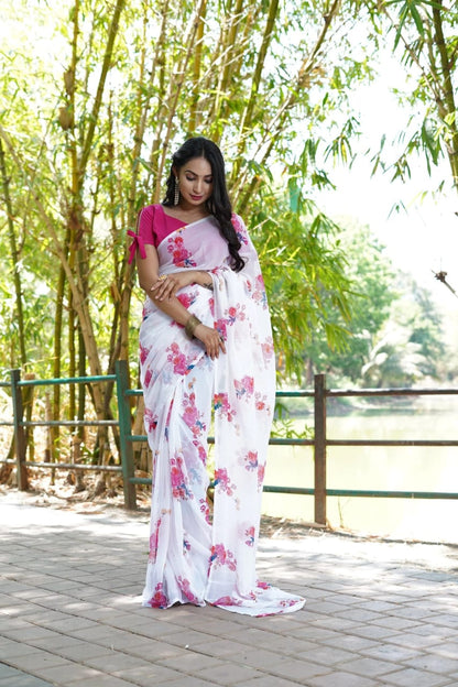 White Printed Ready-to-Wear Saree 380