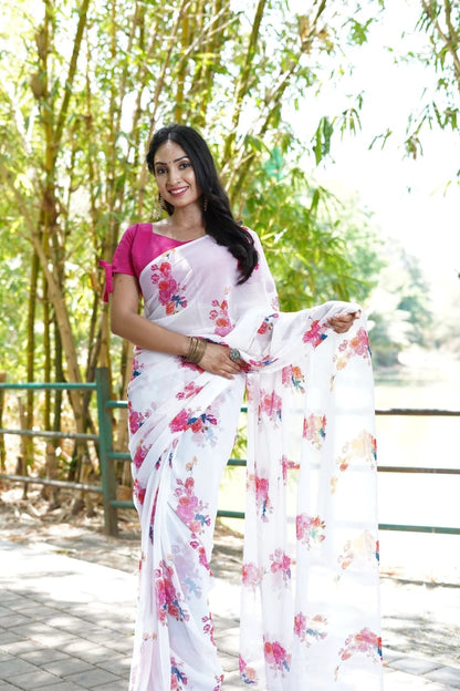 White Printed Ready-to-Wear Saree 380