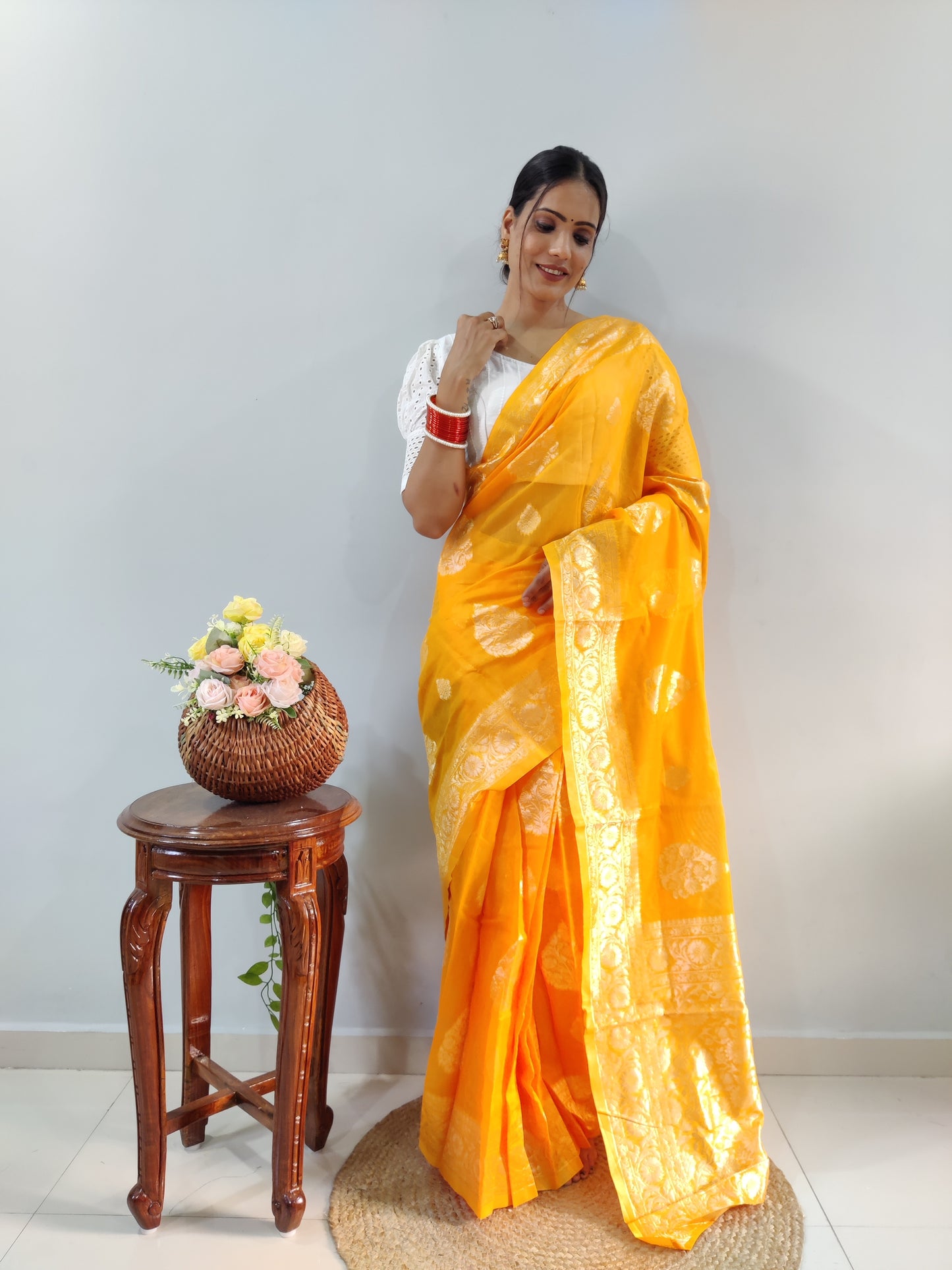 Yellow Banarsi Design Ready-to-Wear Saree 190