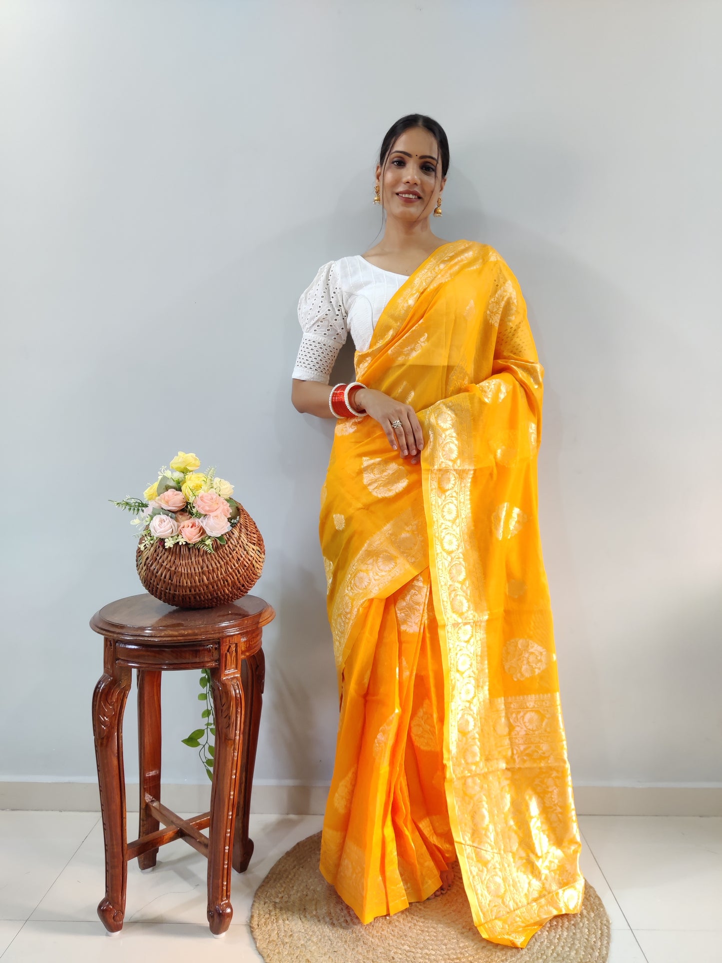 Yellow Banarsi Design Ready-to-Wear Saree 190