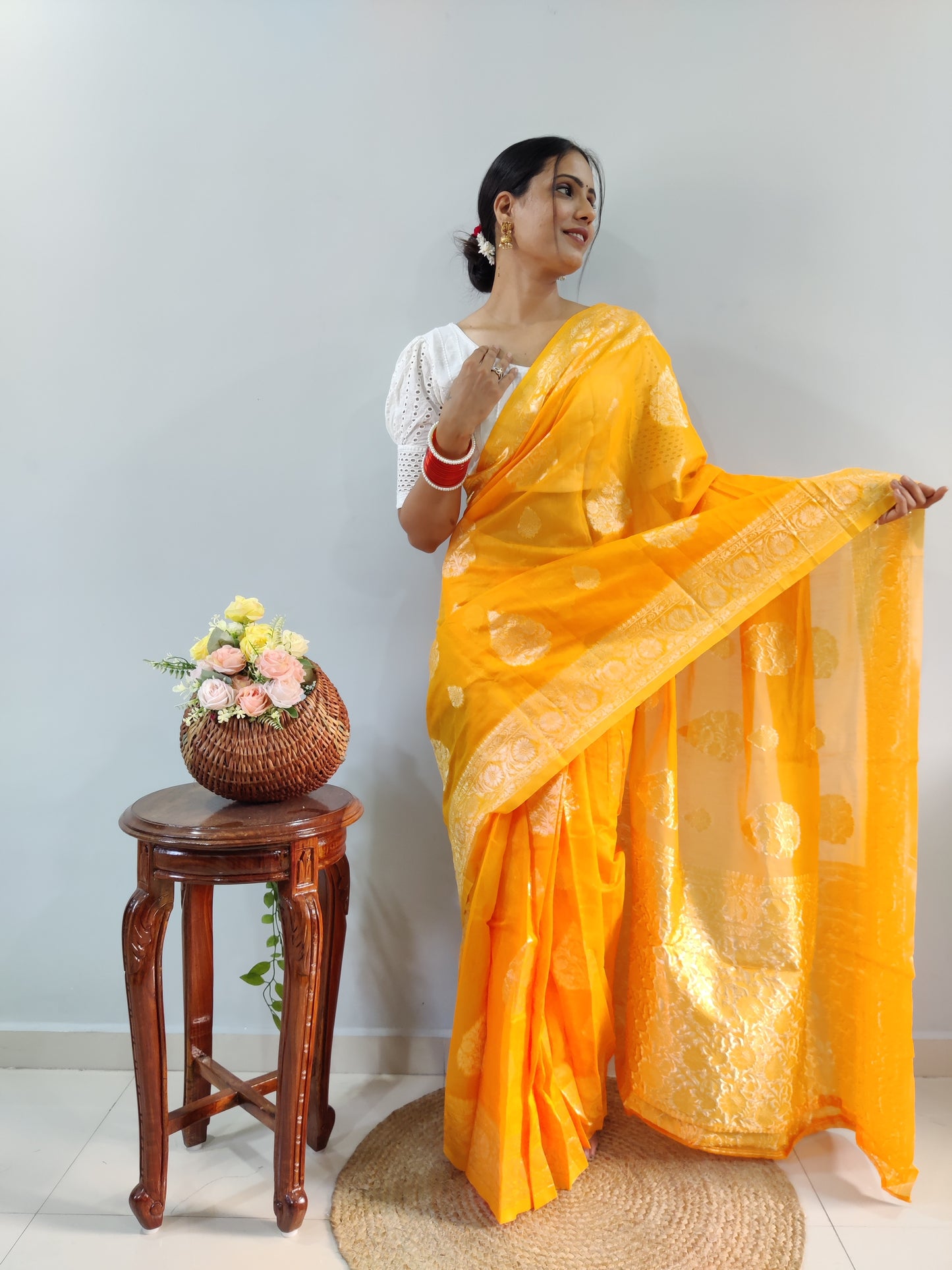 Yellow Banarsi Design Ready-to-Wear Saree 190