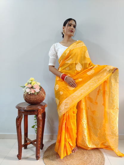 Yellow Banarsi Design Ready-to-Wear Saree 190