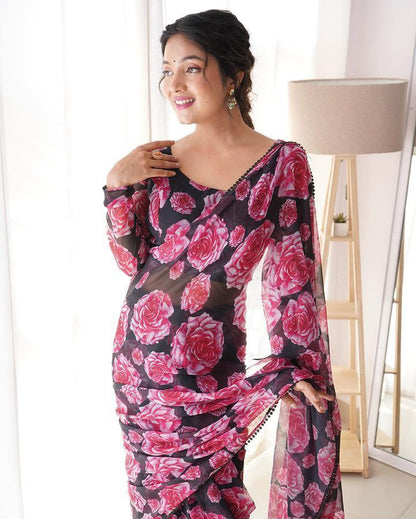 Black Floral Printed Ready-to-Wear Saree 257
