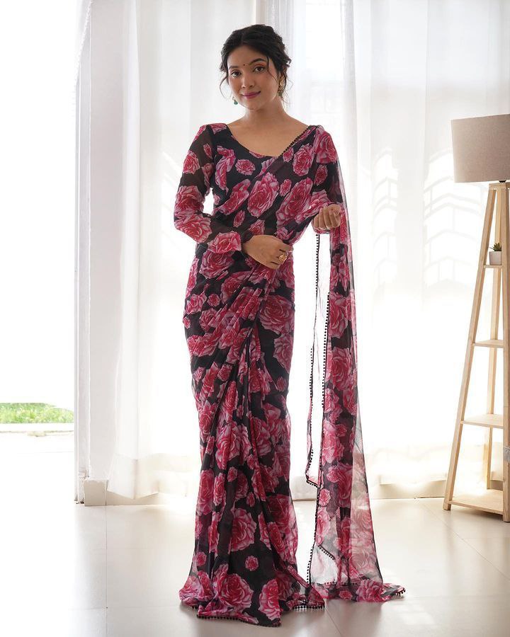 Black Floral Printed Ready-to-Wear Saree 257