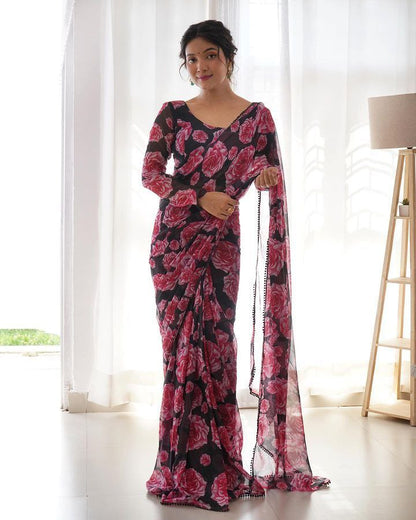 Black Floral Printed Ready-to-Wear Saree 257