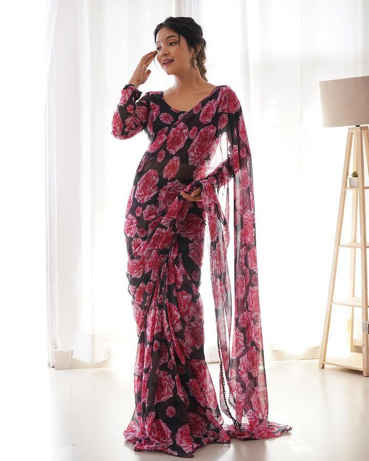 Black Floral Printed Ready-to-Wear Saree 257