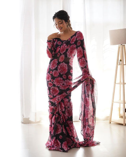 Black Floral Printed Ready-to-Wear Saree 257