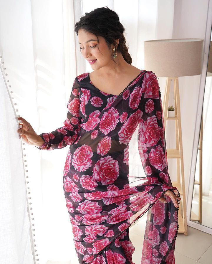 Black Floral Printed Ready-to-Wear Saree 257