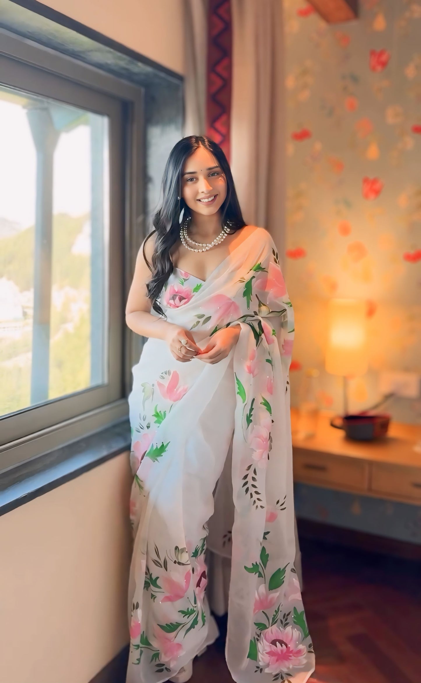 White Floral Printed Ready-to-Wear Saree  280-1