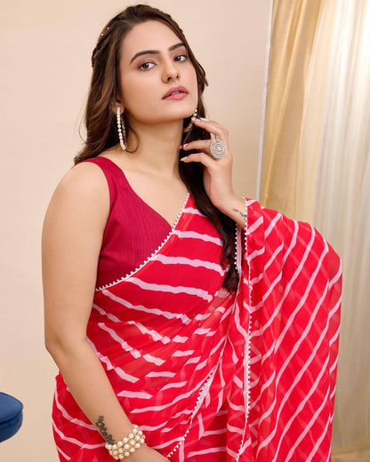 Red and white Printed Ready-to-Wear Saree 422