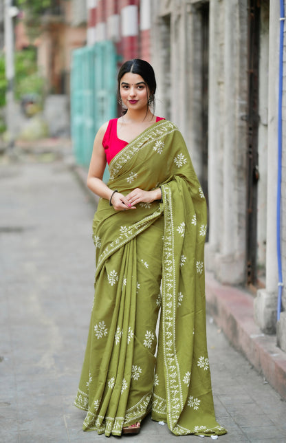 Green Cotton Ready-to-Wear Saree 452