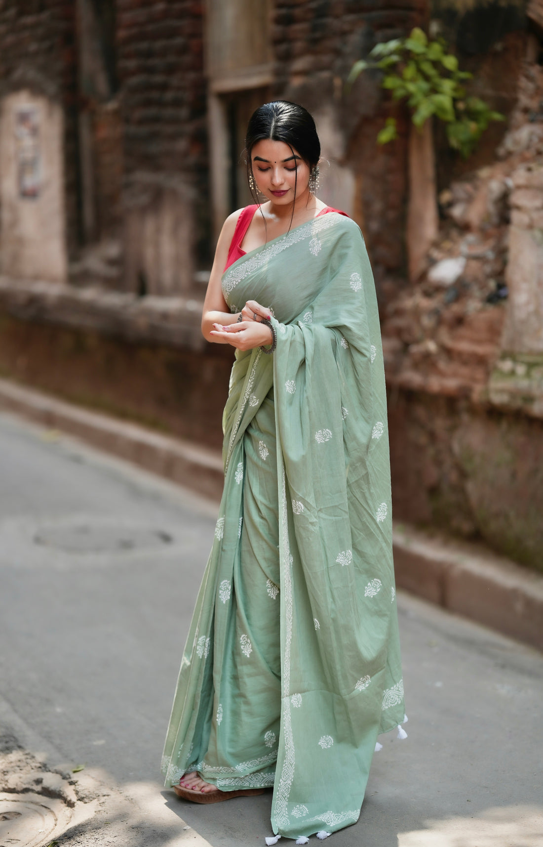 Light Green Cotton Ready-to-Wear Saree 451