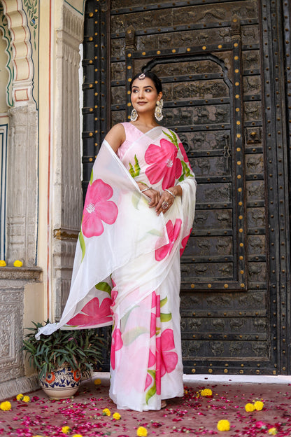 White Floral Printed Ready-to-Wear Saree 393