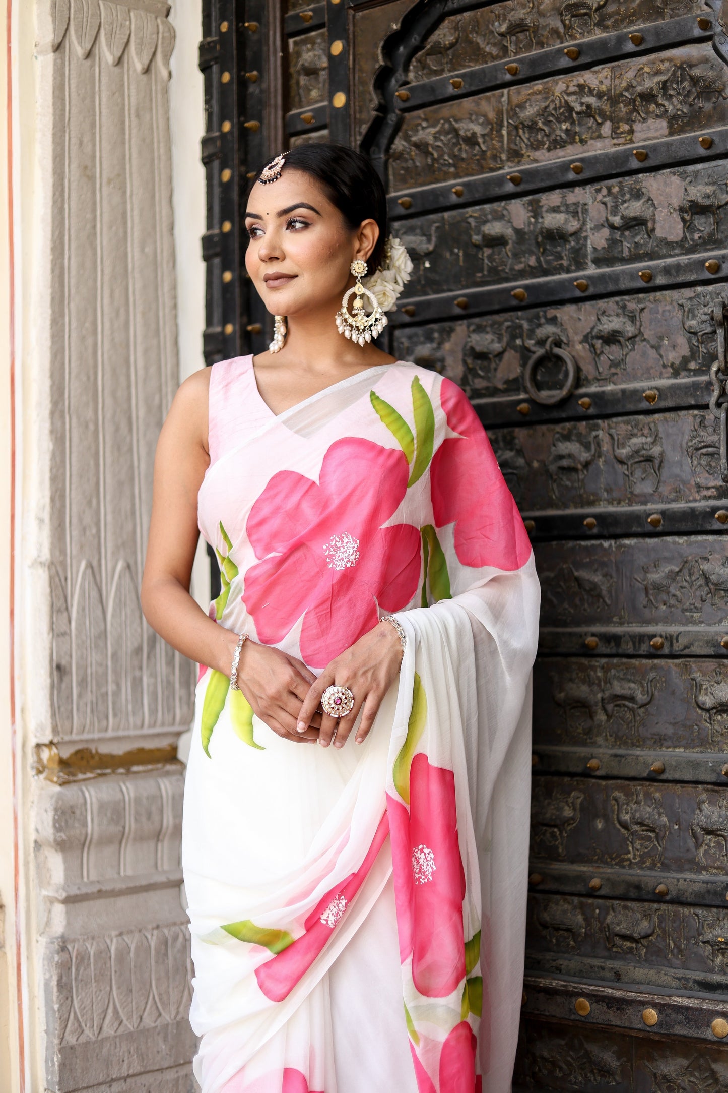 White Floral Printed Ready-to-Wear Saree 393
