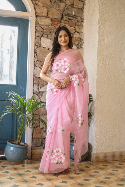 Pink Floral Printed Ready-to-Wear Saree 387