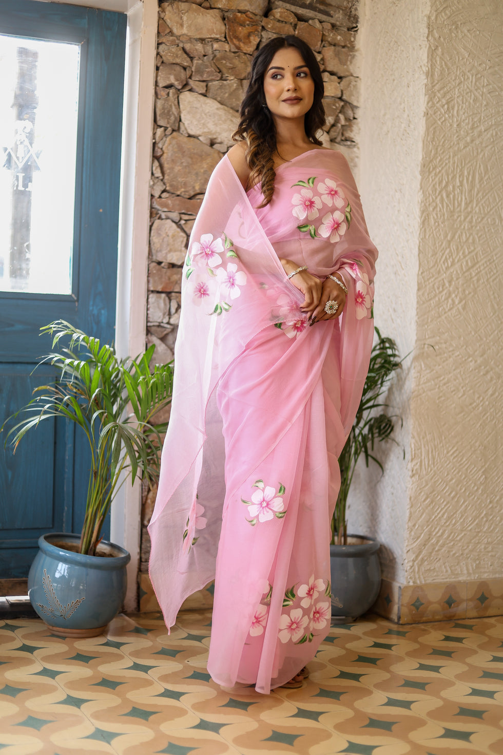 Pink Floral Printed Ready-to-Wear Saree 387