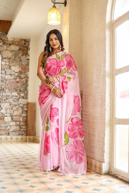 Pink Floral Printed Ready-to-Wear Saree 409