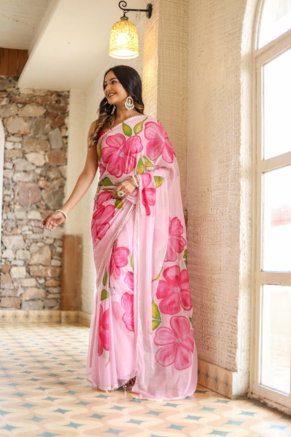 Pink Floral Printed Ready-to-Wear Saree 409