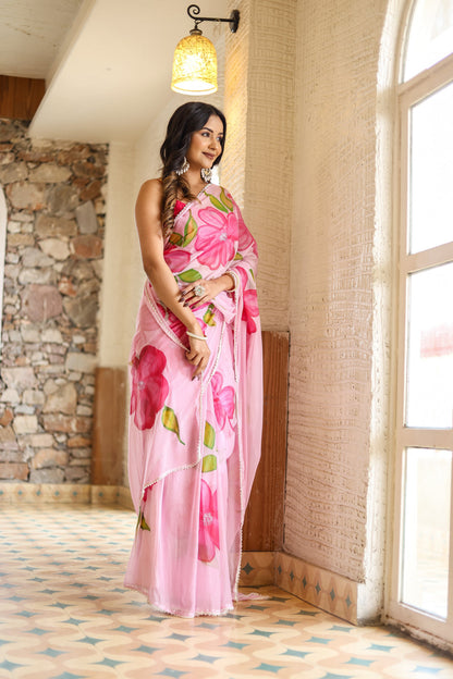 Pink Floral Printed Ready-to-Wear Saree 409