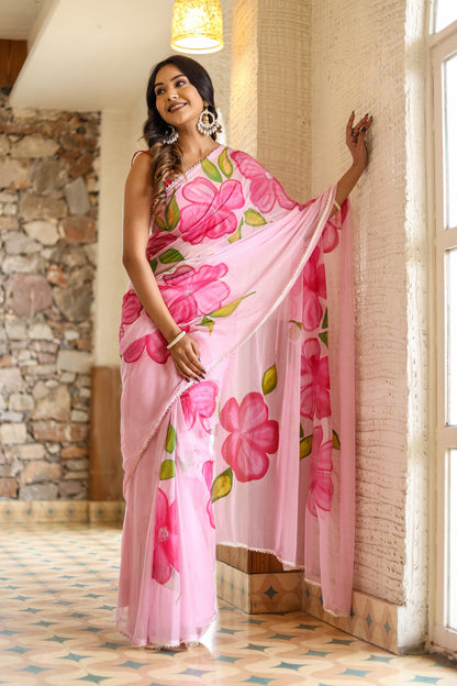Pink Floral Printed Ready-to-Wear Saree 409