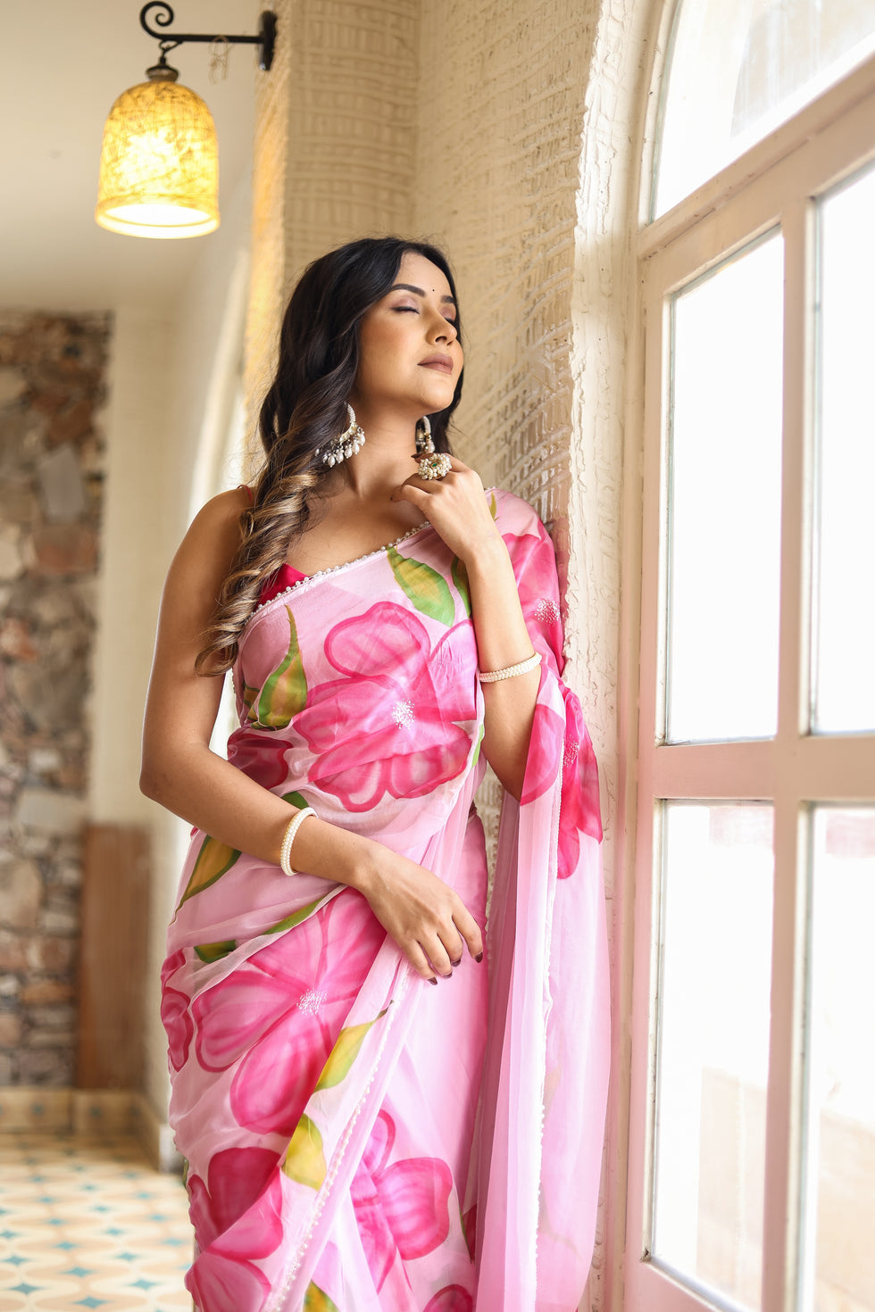 Pink Floral Printed Ready-to-Wear Saree 409