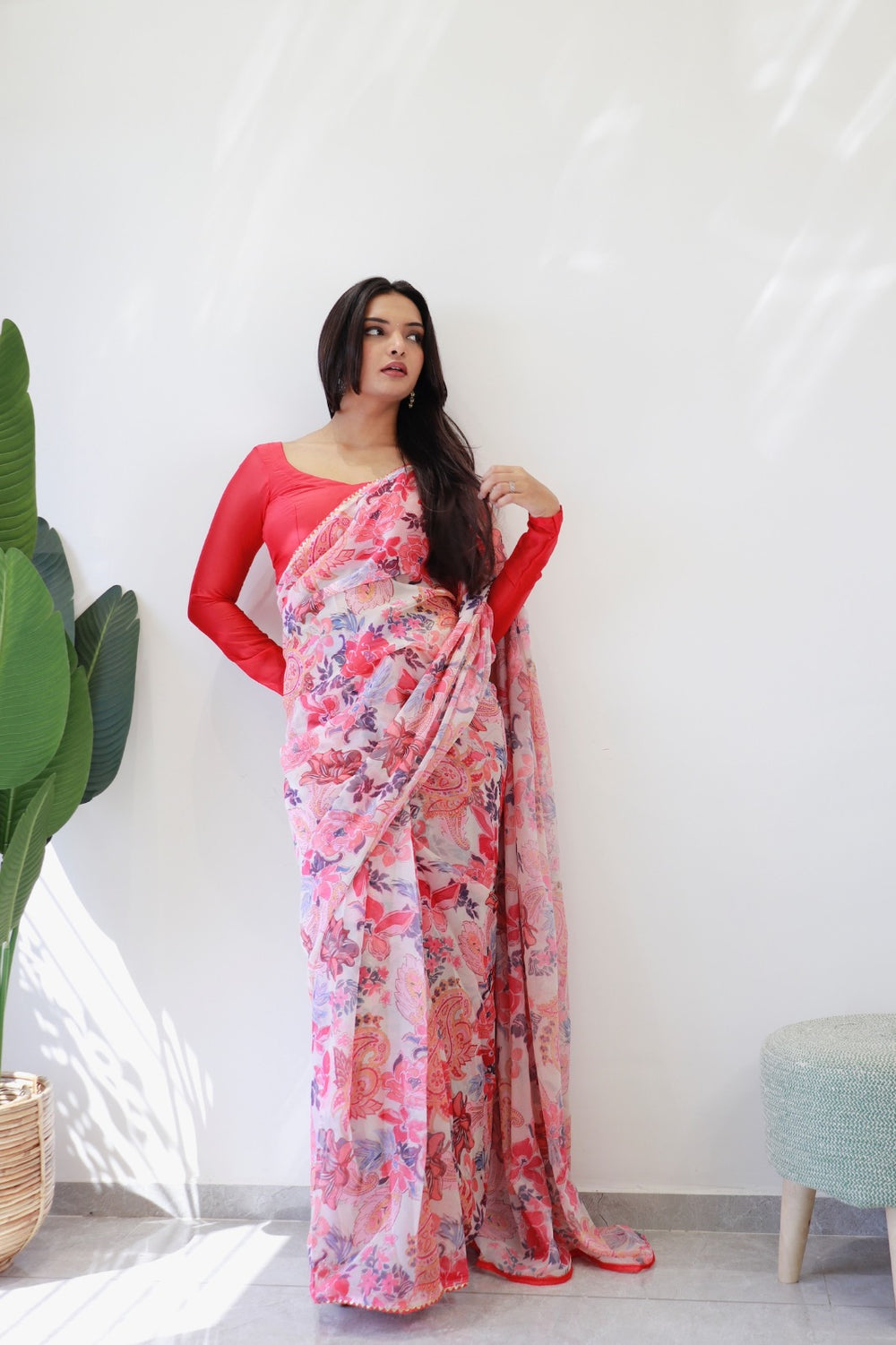 White and Red Floral Printed Ready-to-Wear Saree 285