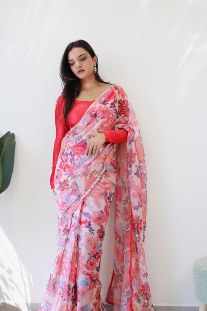 White and Red Floral Printed Ready-to-Wear Saree 285